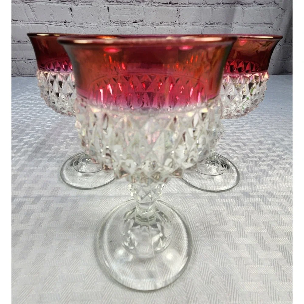 3-Indiana Glass Diamond Point Ruby Cranberry Flashed Tall Goblet Glasses Vintage
